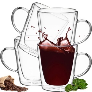 Set 4 cani cu pereti dubli, Quasar & Co., 250 ml, model drept, termorezistenta, transparent