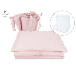 Set lenjerie patut 5 piese, Cu volanase, Cu pilota si perna, Din bumbac certificat Oeko Tex Standard 100, Pentru patut 120x60 cm, Colectia Royal, Powder Pink, MimiNu