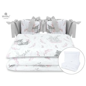 Set lenjerie patut cu 6 piese, Cu pilota si perna, Cu doua aparatori laterale, Din bumbac certificat Oeko Tex Standard 100, Pentru patut 120x60 cm, Lulu Rose, MimiNu