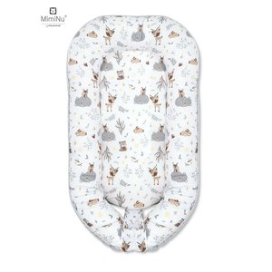 Cosulet bebelus pentru dormit doua fete MimiNu, Baby Nest 105x66 cm, husa 100% bumbac si catifea moale, salteluta burete, Detasabila, Materiale certificate Oeko Tex Standard 100, Velvet Forest Friends Grey/Beige