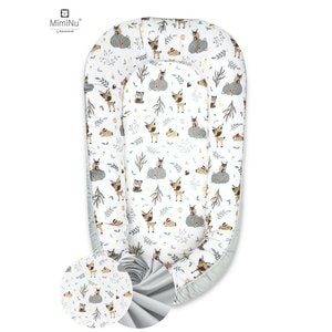 Cosulet bebelus pentru dormit doua fete MimiNu, Baby Nest 105x66 cm, husa 100% bumbac, bumbac certificat Oeko Tex Standard 100, salteluta burete, Detasabila, Forest Friends Grey/Beige