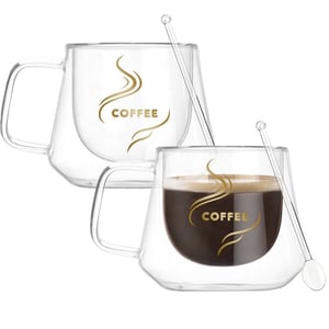 Set 2 cesti cafea cu pereti dubli cu 2 lingurite, Quasar & Co., 200 ml, termorezistenta, model rotund, mesaj COFFEE, transparent