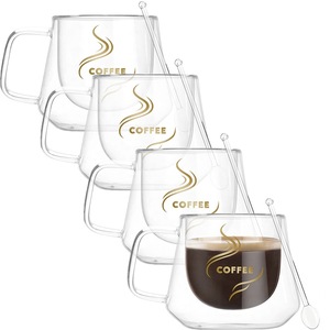 Set 4 cesti cafea cu pereti dubli cu 4 lingurite, Quasar & Co., 200 ml, termorezistenta, model rotund, mesaj COFFEE, transparent