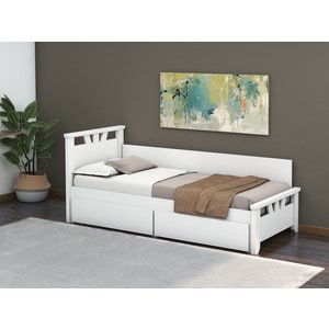 Pat Lenka, 90x200 cm, cu sertare si tablie, MDF, lemn masiv Fag, Alb