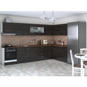 Bucatarie de colt Alfa, cu vitrina, corp cuptor, corp hota, wenge, blat termic nuc