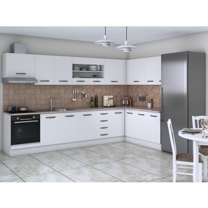 Bucatarie de colt Alfa, corp hota, corp cuptor, cu vitrina, alb, blat termic travertin
