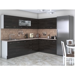 Bucatarie de colt Alfa, cu vitrina, wenge, blat termic travertin