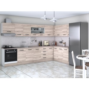 Bucatarie de colt Alfa, corp hota, corp cuptor, cu vitrina, sonoma, blat termic travertin