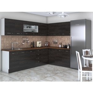 Bucatarie de colt Alfa, cu vitrina, wenge, blat termic nuc