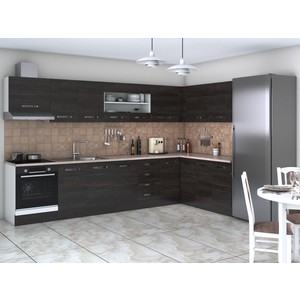 Bucatarie de colt Alfa, cu vitrina, corp cuptor, corp hota, wenge, blat termic travertin