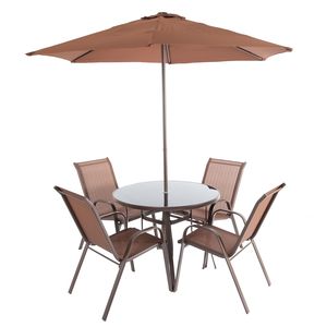 Set mobilier exterior, masa rotunda, 4 scaune si umbrela, metal si textilena, maro