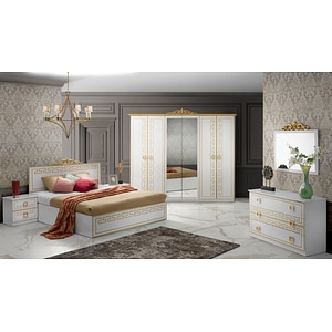Dormitor Olimp Bianco, Dulap 261 cm, Pat 160 x 200, 2 noptiere, comoda