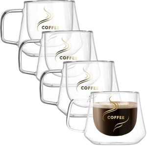 Set 4 cesti cafea 200 ml, din sticla cu pereti dubli, Quasar & Co., termorezistenta, model rotund, mesaj COFFEE