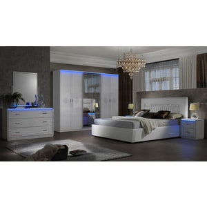 Dormitor New Gemma, alb, pat 160x200 cm, dulap cu 6 usi, 2 noptiere, comoda