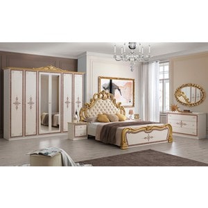 Dormitor Grace, crem, pat 160x200 cm, dulap cu 6 usi, 2 noptiere, comoda