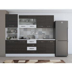 Bucatarie Alfa 240, soldat, cu vitrina, wenge/alb, blat termic alb