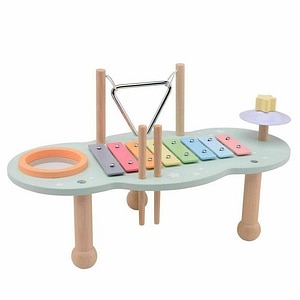 Masuta muzicala Joueco, Multifunctionala, Din lemn certificat FSC, Cu accesorii, 44,8 x 22,5 x 24,5 cm, Multicolor