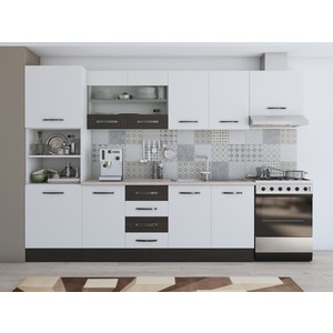 Bucatarie Alfa, PAL, 300 x 60 x 207 cm, blat termic travertin, alb-wenge