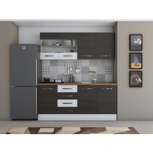 Bucatarie Alfa 180, cu vitrina, wenge/alb, blat termic nuc