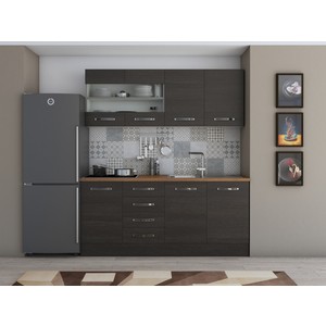 Bucatarie Alfa 180, cu vitrina, wenge, blat termic nuc
