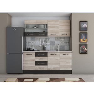 Bucatarie Alfa 180, cu vitrina, sonoma/wenge, blat termic travertin