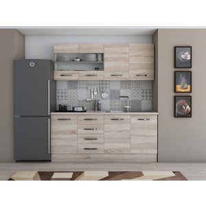 Bucatarie Alfa 180, cu vitrina, sonoma, blat termic travertin