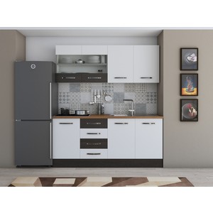 Bucatarie Alfa 180, cu vitrina, alb/wenge, blat termic nuc