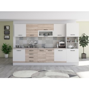 Bucatarie Alfa 320, sonoma/alb, blat termic travertin, corp pentru cuptor incorporabil
