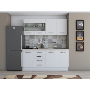 Bucatarie Alfa 180, cu vitrina, alb, blat termic travertin