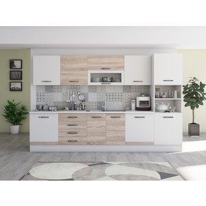 Bucatarie Alfa 320, sonoma/alb, blat termic alb, corp pentru cuptor incorporabil