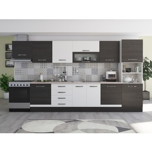 Bucatarie Alfa, PAL, 380 x 60 x 207 cm, blat termic travertin, alb-wenge
