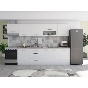 Bucatarie Alfa, PAL, 320 x 60 x 205 cm, blat termic travertin, alb
