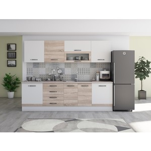 Bucatarie Alfa 260, cu vitrina, sonoma/alb, blat termic travertin