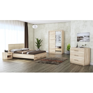 Dormitor Solano, Sonoma, Dulap 120 cm, Pat cu tablie tapitata crem 140200 cm, 2 noptiere, comoda