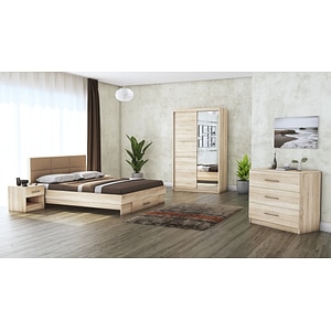 Dormitor Solano, Sonoma, Dulap 120 cm, Pat cu tablie tapitata camel 160200 cm, 2 noptiere, comoda