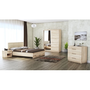 Dormitor Solano, Sonoma, Dulap 150 cm, Pat cu tablie tapitata crem 140200 cm, 2 noptiere, comoda