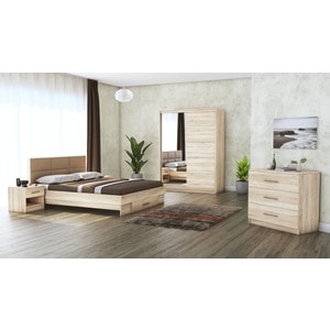 Mobila dormitor Solano, pat 160 x 200 cm, dulap 150 cm, comoda, 2 noptiere, sonoma
