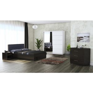 Mobila dormitor Solano, pat 140 x 200 cm, dulap 183 cm, comoda, 2 noptiere, wenge-alb
