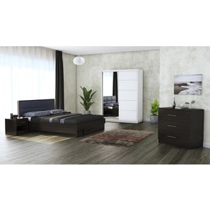 Mobila dormitor Solano, pat 160 x 200 cm, dulap 150 cm, comoda, 2 noptiere, wenge-alb