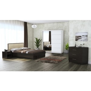 Dormitor Solano, Wenge, Dulap 183 cm, Alb, Pat cu tablie tapitata crem 160X200 cm, 2 noptiere, comoda