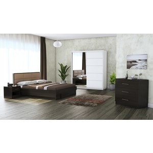 Mobila dormitor Solano, pat 140 x 200 cm, dulap 183 cm, comoda, 2 noptiere, wenge-alb