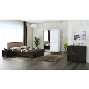 Mobila dormitor Solano, pat 140 x 200 cm, dulap 150 cm, comoda, 2 noptiere, wenge-alb