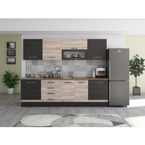 Bucatarie Alfa 260, cu vitrina, sonoma/wenge, blat termic nuc