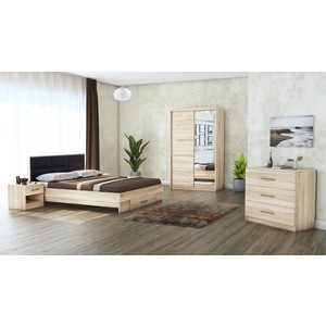 Mobila dormitor Solano, pat 140 x 200 cm, dulap 120 cm, comoda, 2 noptiere, sonoma-negru