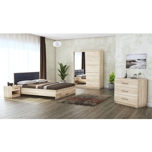 Mobila dormitor Solano, pat 160 x 200 cm, dulap 150 cm, comoda, 2 noptiere, sonoma-gri
