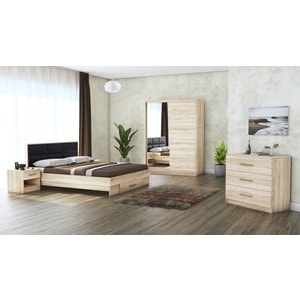 Mobila dormitor Solano, pat 160 x 200 cm, dulap 150 cm, comoda, 2 noptiere, sonoma-negru