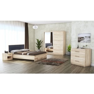 Dormitor Solano, Sonoma, Dulap 183 cm, Pat cu tablie tapitata gri 160X200 cm, 2 noptiere, comoda