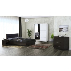 Mobila dormitor Solano, pat 160 x 200 cm, dulap 150 cm, comoda, 2 noptiere, wenge-alb