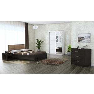 Mobila dormitor Solano, pat 140 x 200 cm, dulap 120 cm, comoda, 2 noptiere, alb-wenge