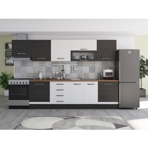 Bucatarie Alfa, PAL, 320 x 60 x 205 cm, blat termic nuc, alb-wenge